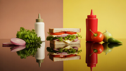 Fresh sandwich with lettuce, tomato, onion, and cheese on a reflective surface with condiment bottles and vegetables nearby
