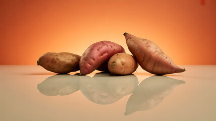 A variety of sweet potatoes arranged on a reflective surface against an orange background