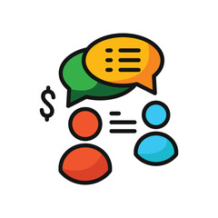 Icon of two people conversing with speech bubbles and a dollar sign