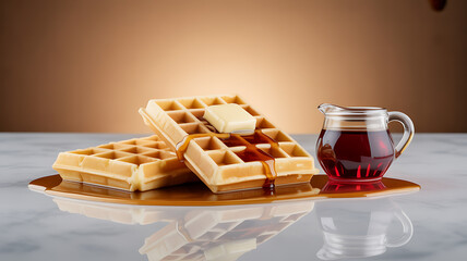 Golden waffles stacked on a plate with butter and syrup, served with a small pitcher of maple syrup on a reflective surface.