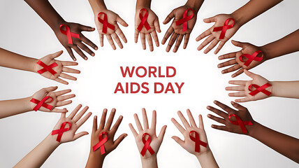 Multiple hands forming a circle with red ribbons, symbolizing World AIDS Day awareness and solidarity.