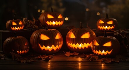 Fototapeta premium A heap of carved jack-o'-lanterns glowing fiercely in the dark night