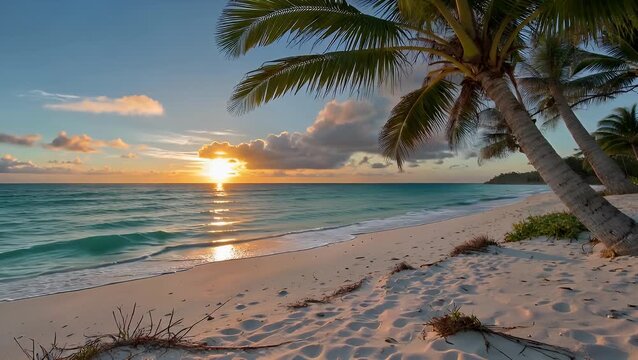 The Dawn Sun Illuminating Secluded Sandy Cove Along Tropical Coastal Shoreline