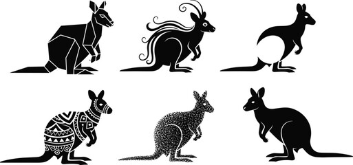 Kangaroo illustrations, stylized poses, geometric design, tribal pattern, abstract silhouette, stippled texture, vector art, animal character set