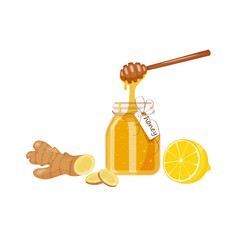 Ginger root, lemon wedge, glass jar of honey. Illustration, cartoon flat icon isolated on white. Hand drawn.