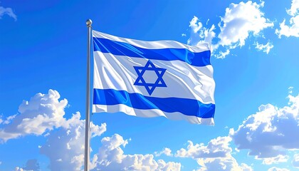 A bright blue sky serves as the backdrop for a waving national flag featuring two horizontal blue stripes and a central six-pointed star. The flag is hoisted on a pole