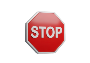 A red octagonal stop sign with the word stop in white letters, isolated on a transparent background, symbolizing a command to halt or cease activity
