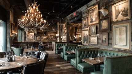 Fototapeta premium Rustic Restaurant Interior with Dark Wood and Antler Chandelier