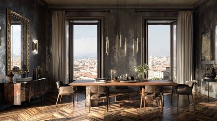 Fototapeta premium Elegant Dining Room in Milan with Stainless Steel Walls and Parquet Floor