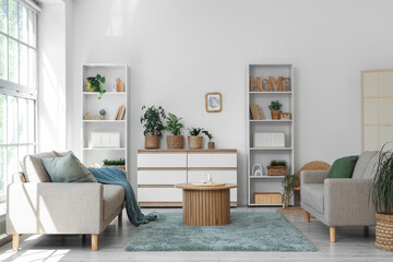 Interior of living room with plants in wicker baskets, sofas and shelf units