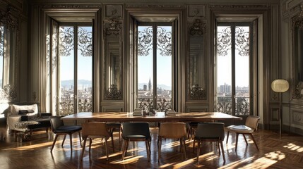 Elegant Dining Room in Milan with Stainless Steel Walls and Parquet Floor