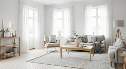 airy Scandinavian living room with white walls and rug