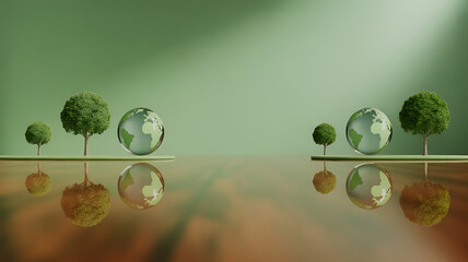 Balanced scale with Earth globes and trees reflecting on a glossy surface