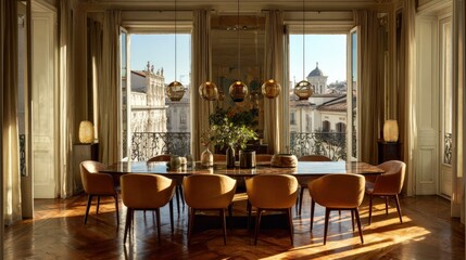 Fototapeta premium Elegant Dining Room in Milan with Stainless Steel Walls and Parquet Floor