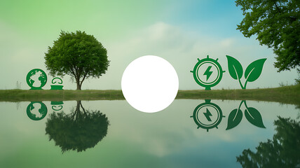 Reflections of nature and sustainability symbols on a calm lake with tree and green icons