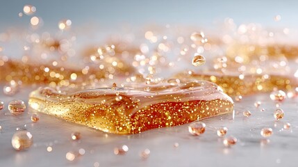 Golden Honey Droplets in Macro Close Up with Shallow Depth of Field and Soft Lighting on Grey Background for Product Presentation