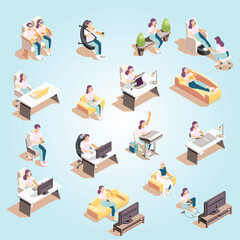 Isometric People in Diverse Activities at Home and Various Professions Illustration