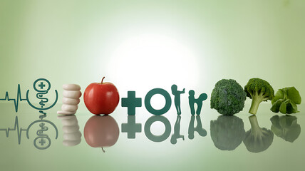 Symbols of health and wellness including pills, apple, broccoli, medical icons, and human figures on a reflective surface