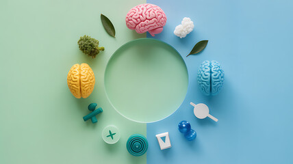 Colorful brain models and cognitive symbols arranged in a circle on a gradient background