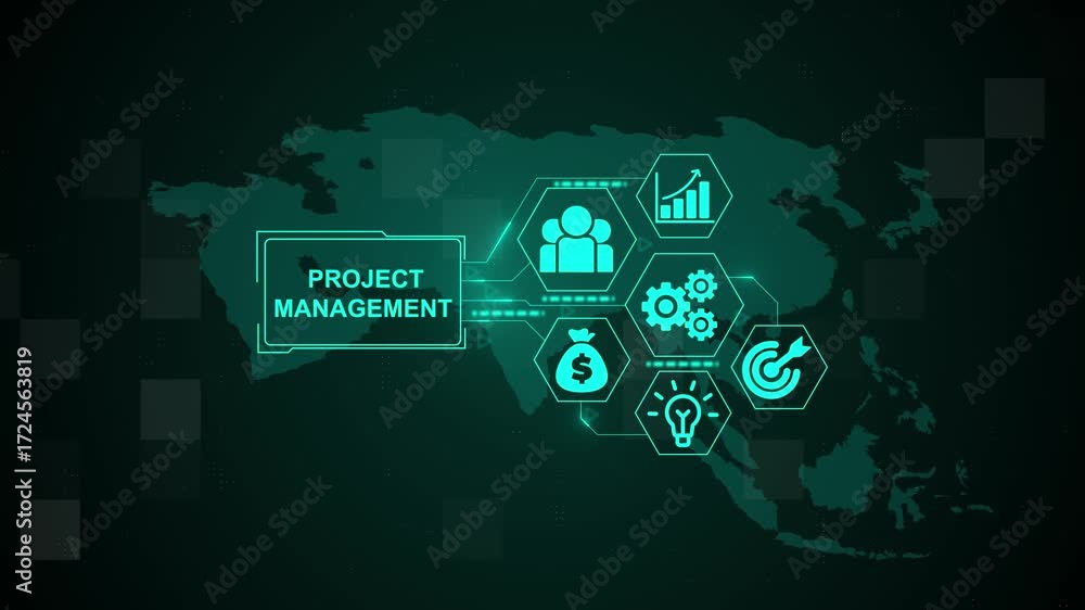 Poster project management concept. business technology internet and network concept. digital world map tech
