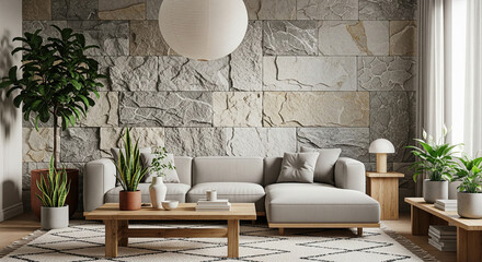 Japandi minimalist living room using natural stone decor