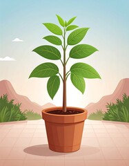 A vibrant illustration of a young plant in a terracotta pot, set against a backdrop of desert-like mountains and a light blue sky