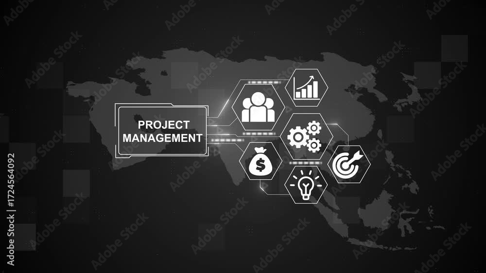 Poster project management concept. business technology internet and network concept. digital world map tech