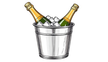 Two champagne bottles in a metal ice bucket, filled with ice.  Hand-drawn style
