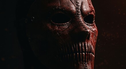 Close-up of a terrifying red and black skull mask with an ominous presence