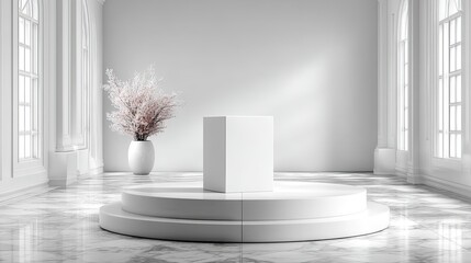 Clean White Interior with Round Podium and Blossoming Branch Arrangement in Modern Minimalist Style
