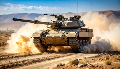 Action-Packed Scene of Armored Vehicle Carrier Traversing Rough Ground, Creating Tracks and Dust, Representing Military Maneuver Operations