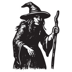 Vintage Witch Holding Magic Staff, Occult Ritual Symbol, Gothic Fantasy Engraving Art