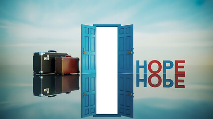 Open blue door revealing bright light with suitcases and the word 'HOPE' nearby