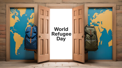 World Refugee Day illustration featuring open doors with backpacks and world maps on either side