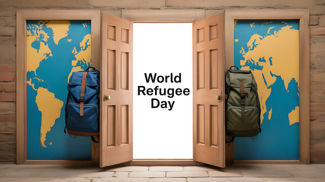 World Refugee Day illustration featuring open doors with backpacks and world maps on either side - Powered by Adobe