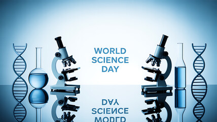 World Science Day illustration featuring microscopes, DNA helixes, and laboratory glassware on a reflective surface