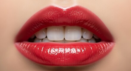 Fototapeta premium Captivating scarlet shine with pearly teeth, beauty close-up display
