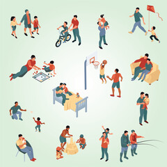 Isometric Flat Illustration of Fatherhood Moment and Activity Variety of Family Bonding