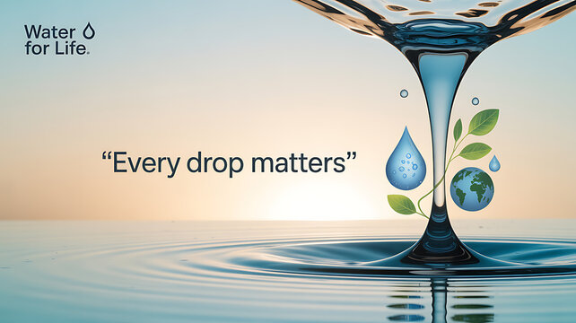 A water droplet forms a stem with leaves and Earth, symbolizing the importance of water conservation.