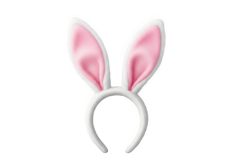 A pair of fluffy white bunny ears with pink inner lining on a headband, isolated on transparent background