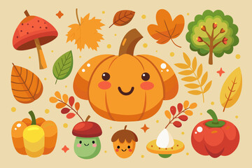 Cute smiling pumpkin autumn elements vector illustration scalable for fall decorations and designs