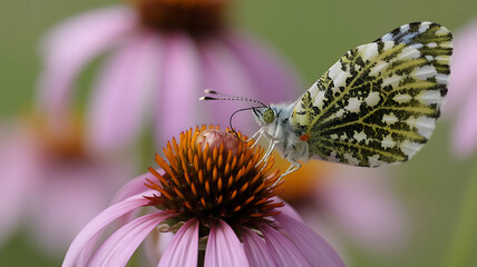 A checkered white butterfly perches on a purple coneflower, feeding on its nectar.