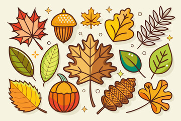 Obraz premium Autumn botanical icons set scalable vector graphics oak leaf maple leaf acorn pumpkin illustration