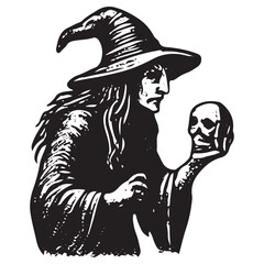 Dark Witch Holding Human Skull, Death Magic Symbol, Halloween Occult Engraving Art