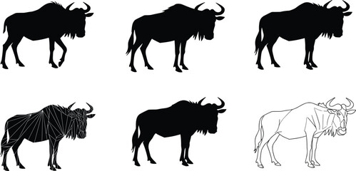 Wildebeest illustrations, silhouette styles, line drawing, polygonal overlay, black and white design, wildlife vector, animal set, nature icon