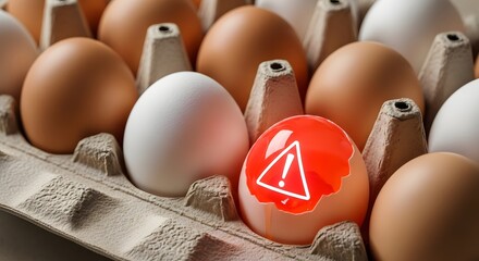 Egg Recall A Carton with a Broken Egg Marked with a Red Warning Symbol Among Healthy Eggs
