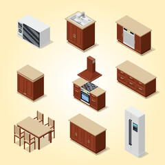 Isometric Detailed Kitchen Furniture Set Arrangement with Multiple Appliances Design