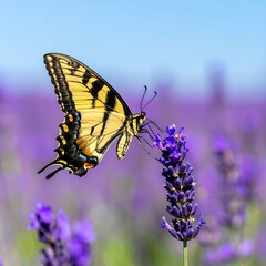 Butterfly on lavender.  Close-up of a pale yellow and black butterfly, with intricate wing patterns, feeding on a vibrant purple lavender flower. Soft focus on the lavender field behind