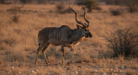 Fototapeta premium Male kudu antelope walking in dry savanna at sunrise