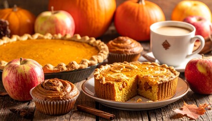 Autumn baked goods (pumpkin pie, apple pie, muffins, cinnamon rolls)
